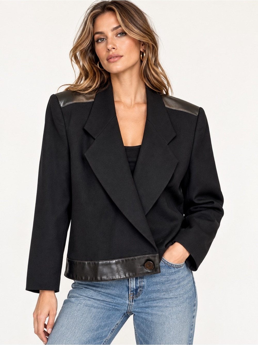 Vintage PSI by Michel Hrnjak Black Wool Leather Trim Blazer Made USA